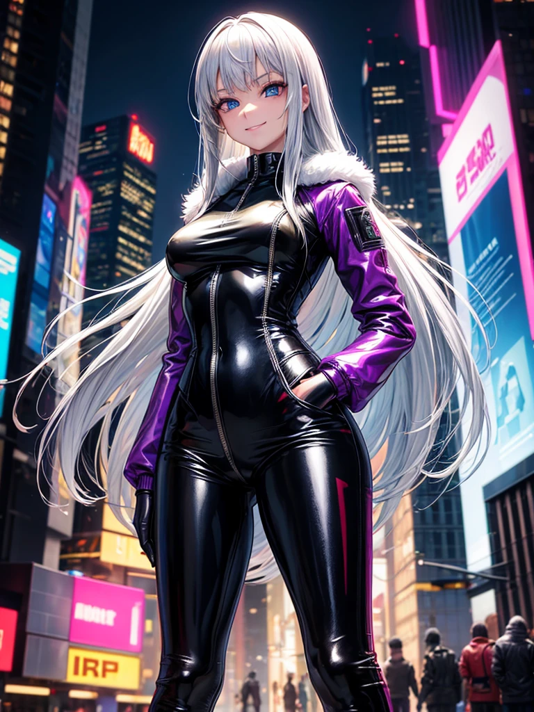 Best Quality,8k,middle School girls,Colorful latex suit,Bodysuits,smile,Robot fighter,I'm grating my bangs,SF,Straight Hair,fur jacket,Hands in pockets,Leather pants,perfectionにまっすぐな髪型,Smooth hair,Silver Hair,beautiful girl,blue eyes,Standing posture,Cyberpunk Girl,Naughty,model,Absurd,Wearing,I'm horny,Naughty,masterpiece,perfection,smile,Long Hair,