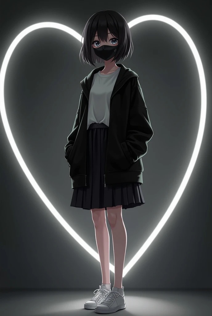Image of a girl wearing a black jacket with white tshirt inside of the jacket, a black skirt or frock, a black mask and a white shoes . The background should have should have blackish grey colour and a half heart with white boundary a
and the girl should stand inside the boundary of heart . The girl is an anime girl. The image contains only half heart the full image is not shown in the picture oly half heart and the girl is a young girl the mask is on the mouth . Create the image with the same contrast ad the image of the boy you created