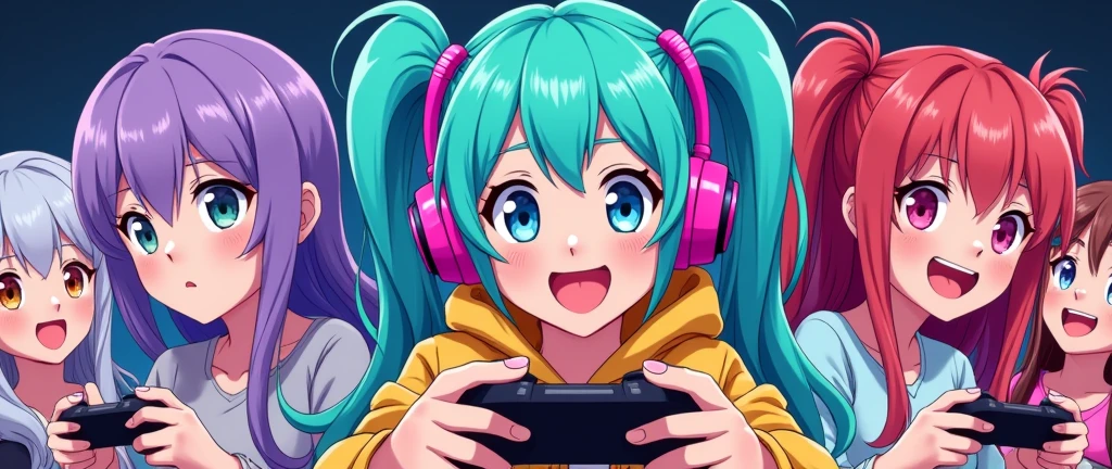 Make an anime girl playing games logo. Add 3 more girls for the template without background.
