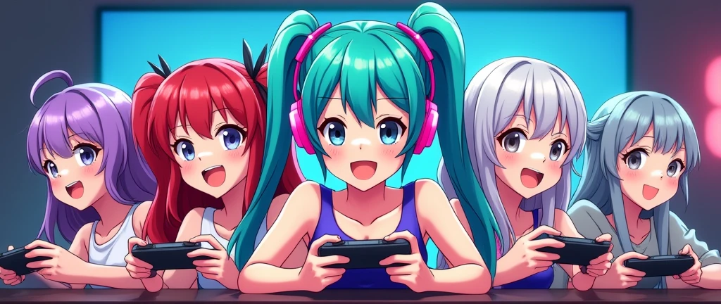 Make an anime girl playing games logo. Add 3 more girls for the template without background. 