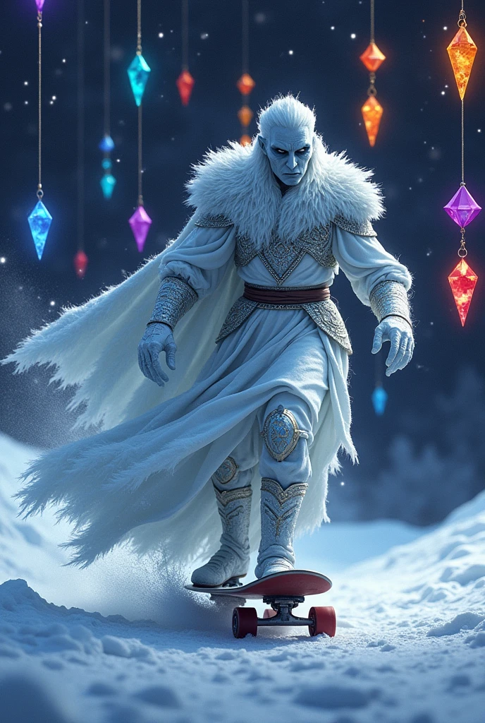White walker king character on a skateboard into a pendants of colored diamond and more designs