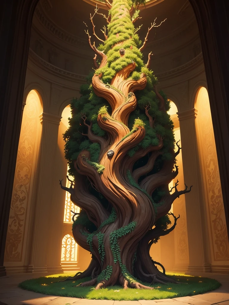 ((best quality)) , ((masterpiece)) , (detailed),a tree with horns and vines in the air, in the style of anime-inspired art, dark orange and green, light brown and black, whimsical illustrations, animated characters, colorful