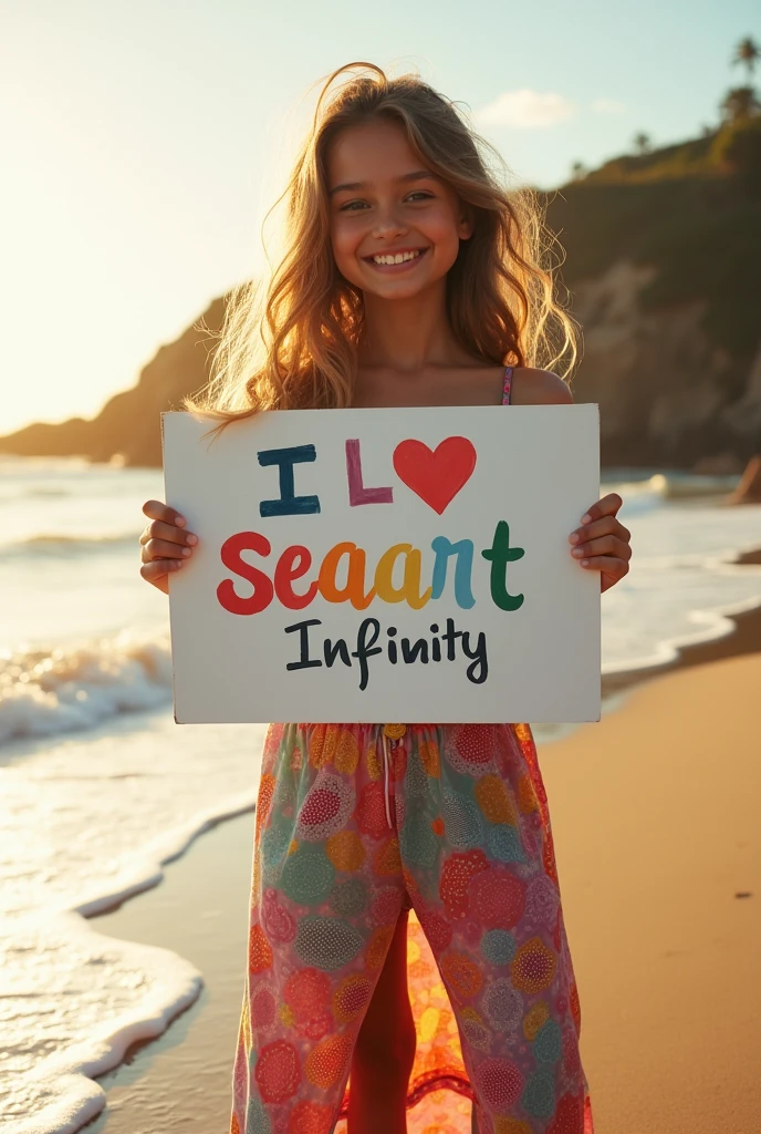 Beautiful girl with wavy long hair, bohemian dress, holding a white board with text "I Love Seaart Infinity" and showing it to the viewer