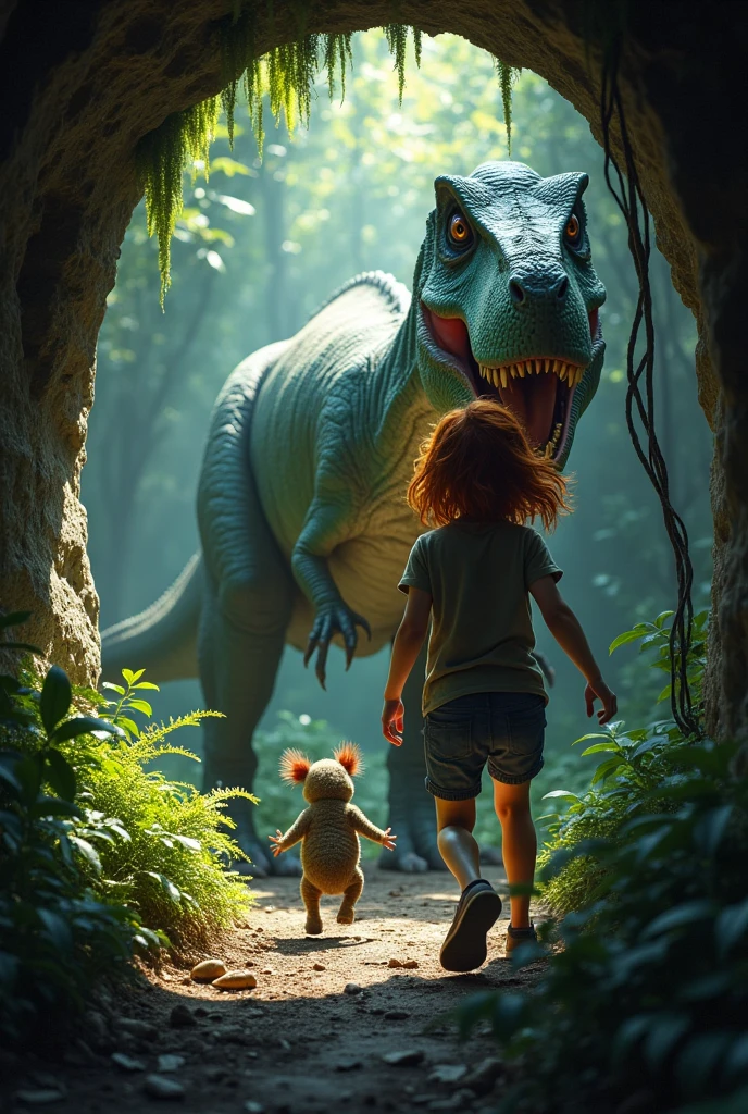 • The Secret Tunnel: Just as the T. rex's jaws snap behind them, Lily and the small dinosaur duck into a hidden tunnel. The T. rex is left outside, roaring in frustration.