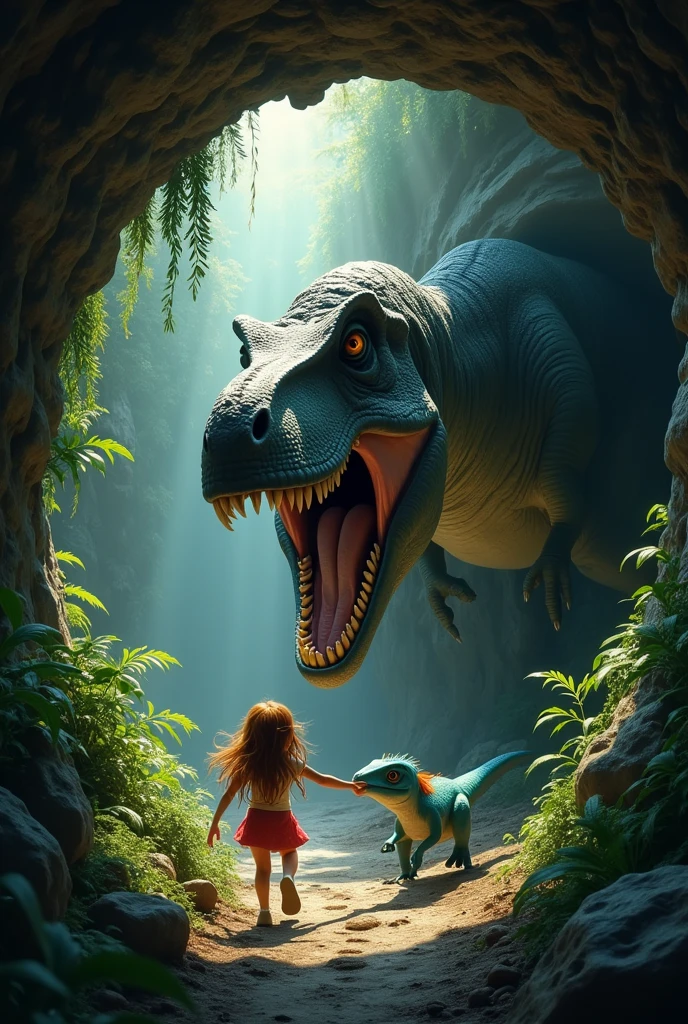 • The Secret Tunnel: Just as the T. rex's jaws snap behind them, Lily and the small dinosaur duck into a hidden tunnel. The T. rex is left outside, roaring in frustration.