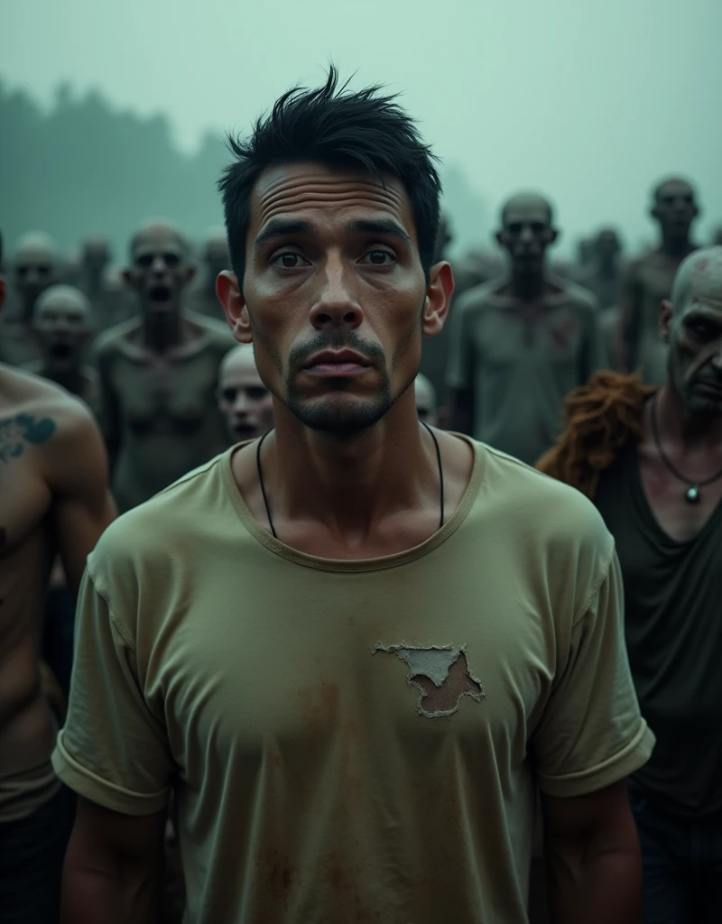 score_9, score_8_up, score_7_up, photo, man, middle-aged, black hair, short haircut, scared, torn t-shirt, dirty t-shirt, standing in a crowd of zombies, (against the background of a crowd of zombies), looking at the viewer, post-apocalypse, zombies, gloomy photo