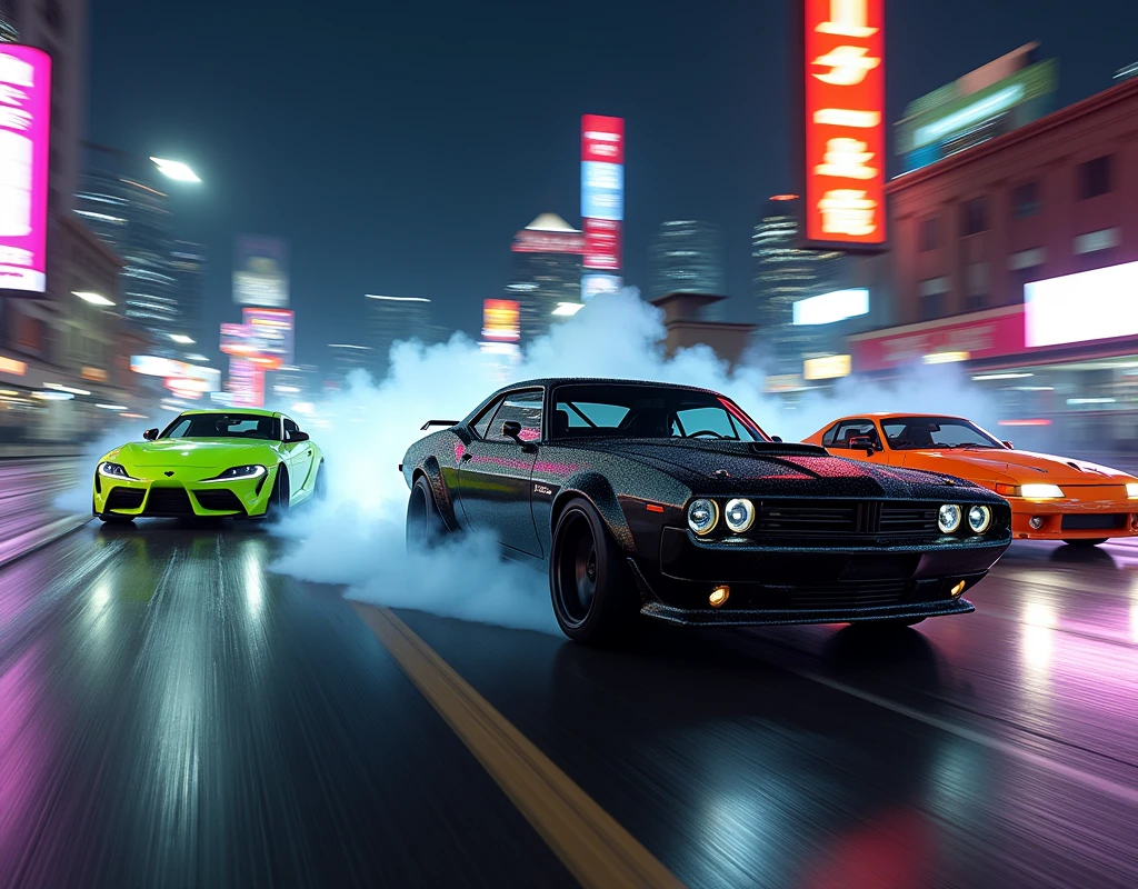 An adrenaline-pumping scene inspired by the Fast and the Furious, featuring three iconic street racing cars in action. The foreground showcases a black Dodge Charger with a roaring engine, its massive rear tires kicking up smoke as it drifts through a sharp turn. To its left, a neon green Mitsubishi Eclipse speeds forward, with its headlights cutting through the night, highlighting its sleek and aggressive design. On the right, a bright orange Toyota Supra powers ahead, its rear spoiler catching the light from the city skyline in the background. The scene is set on a wet, reflective street under the glow of city lights, with blurred neon signs adding to the high-octane energy. The atmosphere is electric, capturing the thrill of a late-night street race in the heart of an urban jungle