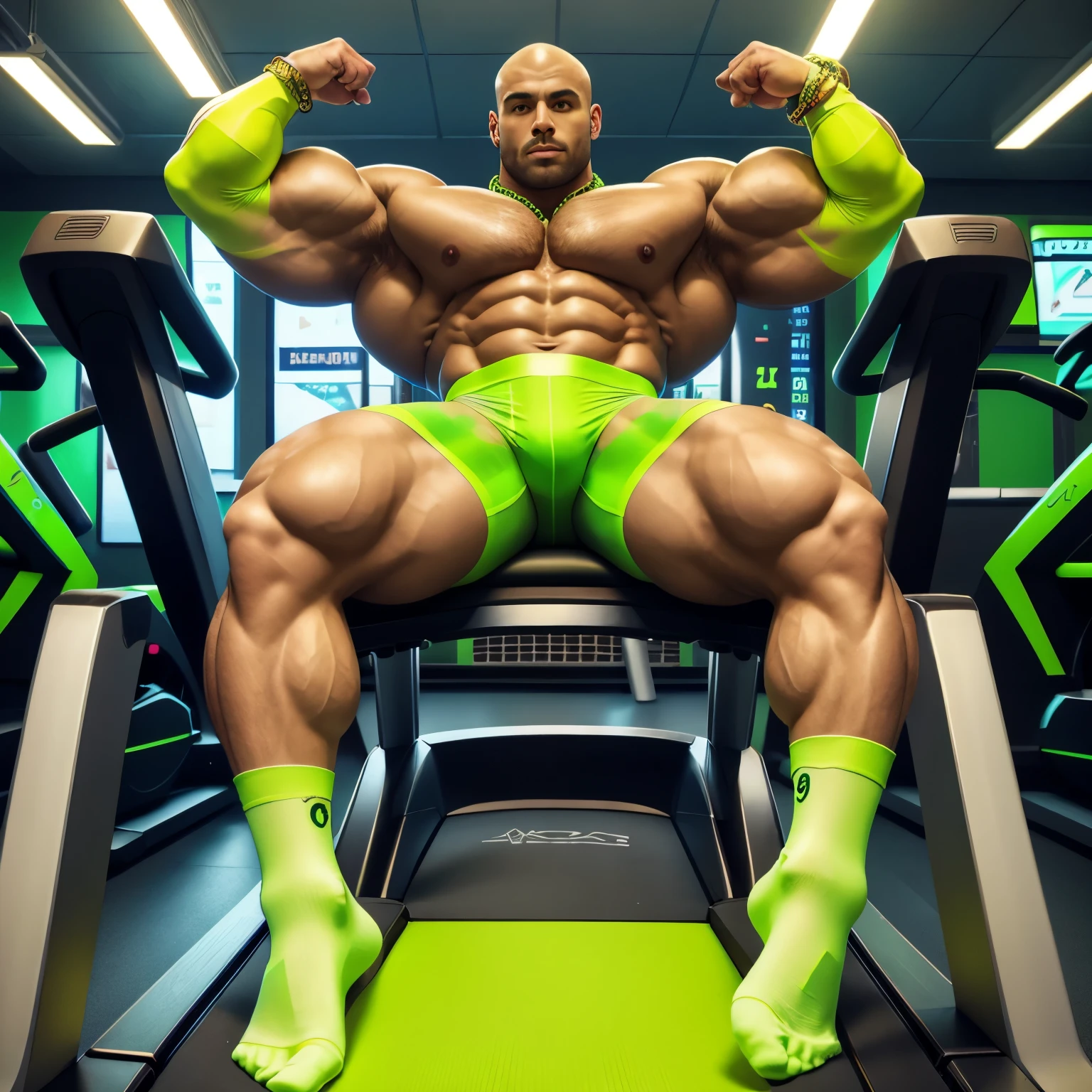 full view, full body, one handsome young artificially tanned white bald over-muscular man in neon-green nylon socks, shirtless wearing neon-green lycra leggings and neon-green torn sheer socks, no shoes, gold chains, bracelets, rings, totally sprawled out on the floor in his neon-green torn sheer socks next treadmill in gym, . his neon-green torn sheer socks look silky and are visible on the foreground