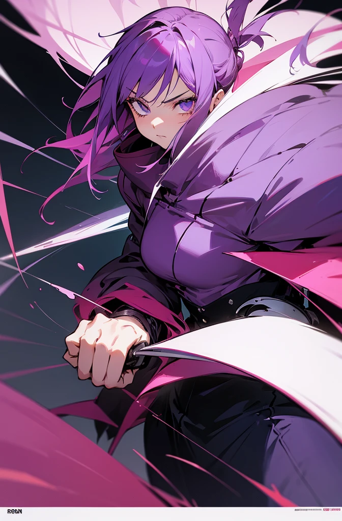 Juri Han from the game Street Fighter in a highly detailed and expressive digital illustration, Juri is in a dynamic and powerful pose, black hair in its iconic style with two pointy chongas, purple eyes with a piercing and confident look, She is wearing her classic combat outfit which consists of a tight top and baggy pants with purple and black accents., His posture is aggressive and athletic, highlighting his agility and strength, the background is a nighttime urban scene with neon lights, adding a modern and vibrant touch to the scene, the lighting is dramatic with striking shadows that highlight the muscular contours of your body,