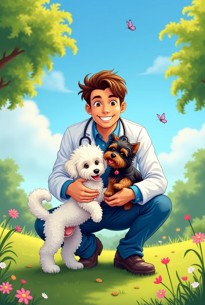 Make a crayon-style illustration of a light-skinned male veterinarian, com olhos castanhos, holding two puppies, uma poodle branca e uma Yorkshire preta com marrom.