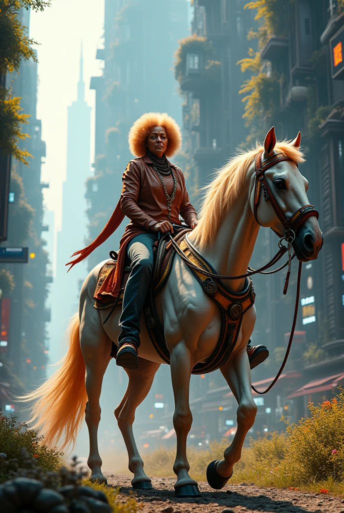 two people, An elderly Black woman with light skin and orange afro hair riding a horse alongside an elderly White man with long, straight hair, also riding., in a futuristic setting