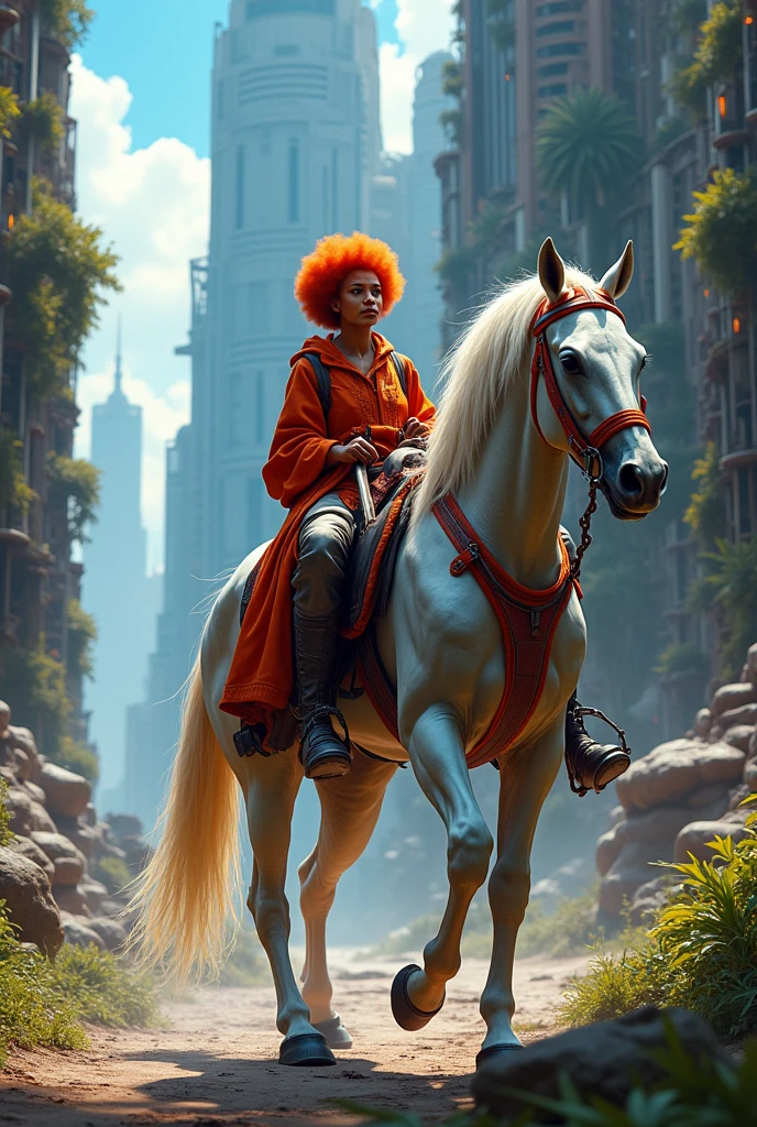 two people, An elderly Black woman with light skin and orange afro hair riding a horse alongside an elderly White man with long, straight hair, also riding., in a futuristic setting