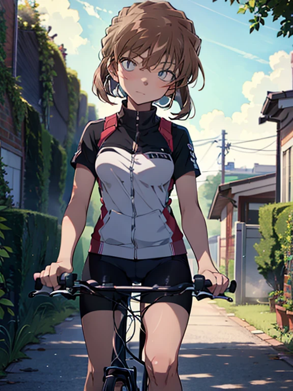 Riding a Bicycle, cute, Beauty, short hair, Haibara Ai, Brown Hair, highest quality, 1girl, ccurate, (masterpiece), uhd, retina, anatomically correct, textured skin, super detail, high details, high quality, best quality, highres, 16k