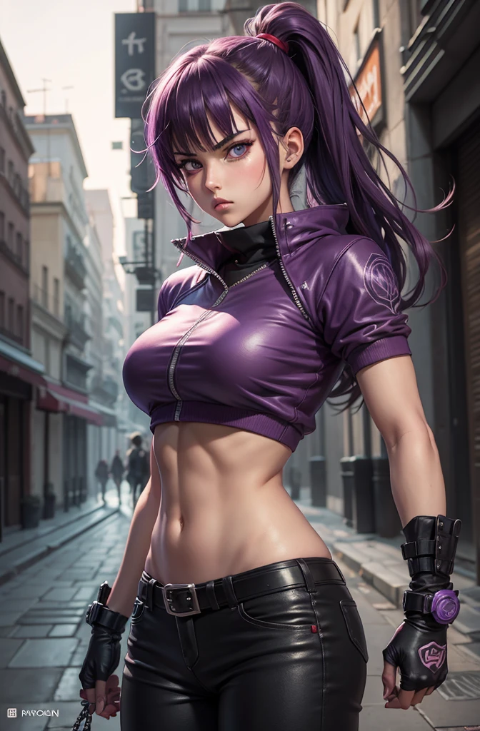 a close up of a person in a purple jacket and pants, cyberpunk art by Jason Chan, trending on cgsociety, process art, fit girl, crop shirt and strong abs, [ rigidly defined abs ]!!, fitness model, muscular girl, ig model | artgerm, working out, perfect body, sweaty abs, [ adamantly defined abs ]!!