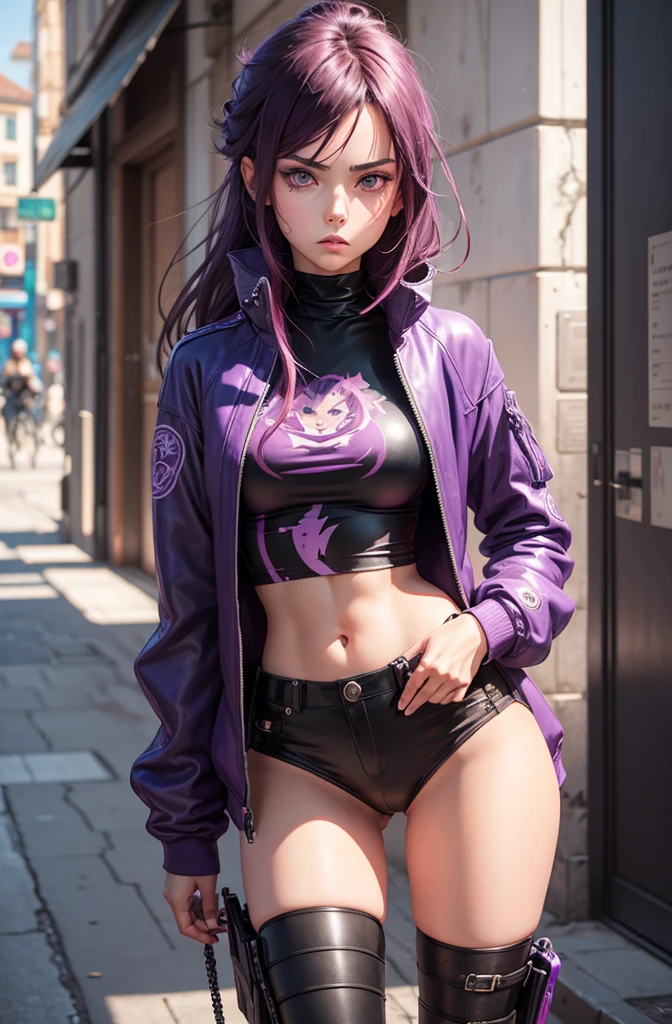 une fille, manga, badass, regard intense, style épique, style phonk, digital art, couleur néon, violet rouge