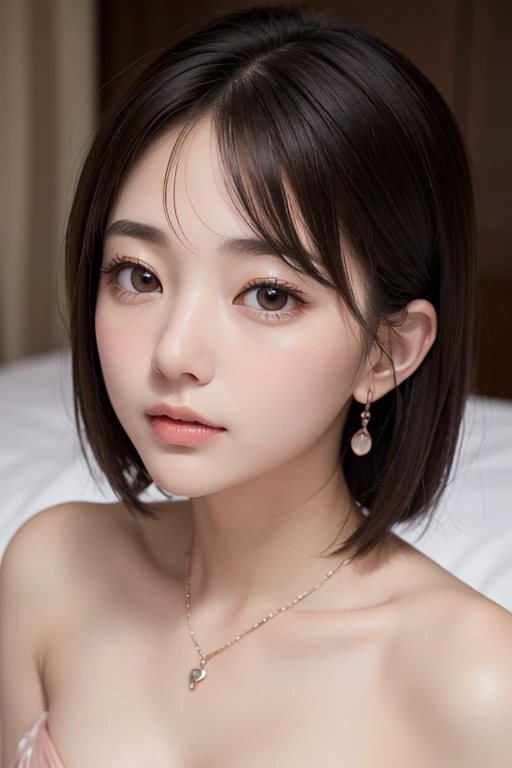 (Anatomically correct:1.3), (Professional Portrait、Professional Writing)、detailed、(8k, High resolution:1.2)、(RAW Photos, Realistic:1.3)、Slim figure、Delicate and beautiful face、High resolutionの目、(Symmetrical eyes)、High quality and beautiful skin、Firm Skin、Natural Makeup、Gloss Lip, High-definition hair texture、Highest quality、masterpiece、Japanese women、 age、(Half Up:1.3), very cute, (Party Dresses, Multiple colors:1.3)、(Very embarrassed:1.3), (blush:1.3), (Embarrassed look :1.3)、 Hotel Rooms、(Center of chest, Nipples are slightly visible:1.2), Thin Necklace、Small earrings, (Please place your hand on your chest), (View your viewers:1.1)