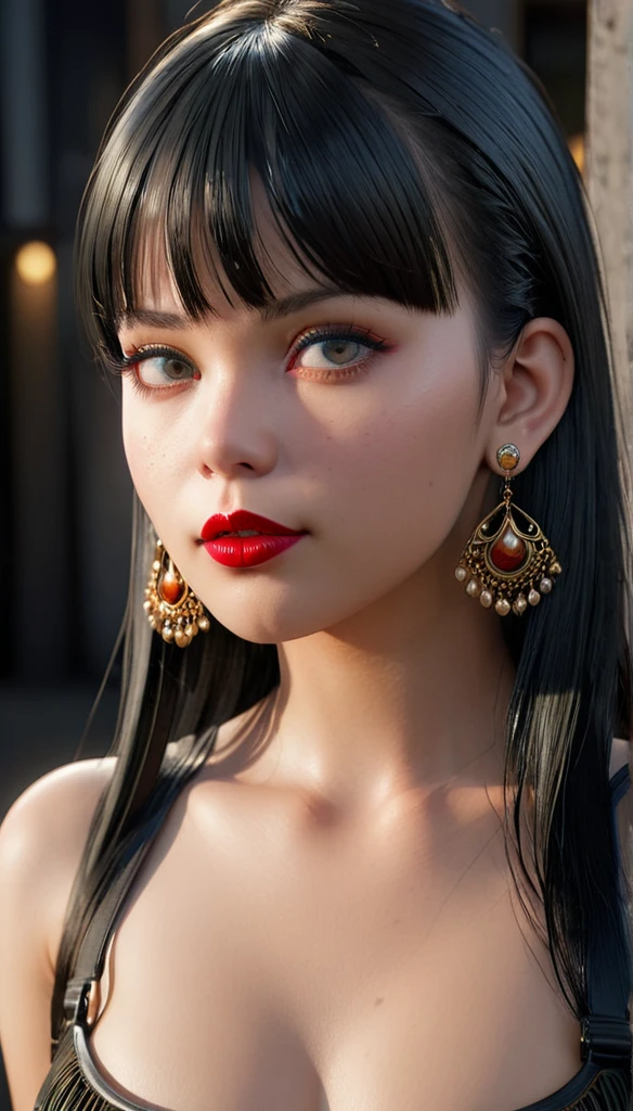 A girl with long black hair and bangs, wearing jewelry and earrings, with sharp ears, backlit, highly accurate, best quality, realistic anatomy, masterpiece, HD model, extremely detailed, high quality, very detailed, eye texture, textured skin, ultra-high definition, large bust, stern expression, scarlet lips, wide-angle lens, Sony FE, backlit, gothic, photorealistic, realism, Unreal Engine