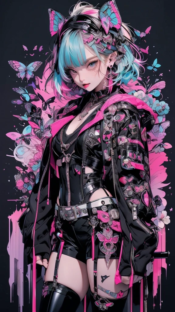 ((((dramatic))), (((Grainy))), (((intense))) film poster featuring a young neon blue hair woman as the central character. She stands have confidencely in the center of the poster, wearing a stylish and edgy leather corset lace panties and thigh high boots with lots of straps buckles and zippers, with a determined Performance on her face. The background is aesthetic atmospheric dark and Grainy, A butterfly being blown by the wind, With danger and tension. The 文章 is bold and to attract attention, with a Catchy tagline that adds to the overall feeling of drama and excitement. The color palette is mainly dark with splashes of Vibrant neon colors, giving the poster a dynamic and visually impressive appearance,tachi-e
(magazine:1.3), (カbar-style:1.3), fashionable, woman, Vibrant, Costume, whole body、Standing front、A big laugh with teeth showing、 front, colorful, dynamic, background, element, have confidence, Performance, Holding, statement, accessories, Majestic, Coiled, The surrounding area, touch, scene, bar, bold, to attract attention, title, stylish, font, Catchy, Heading, big, impressive, Modern, trend, concentrated, fashion,