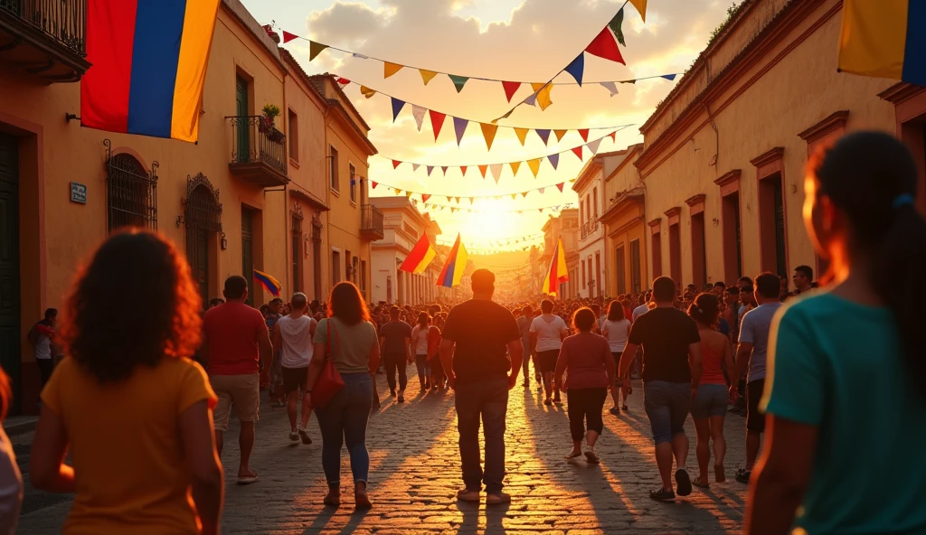 a pueblo town in venezuela in miraflores, colorful venezuelan flags, people celebrating the end of a dictatorship happily, detailed scenery, vibrant colors, dramatic lighting, cinematic composition, photorealistic, 8k, highly detailed, masterpiece