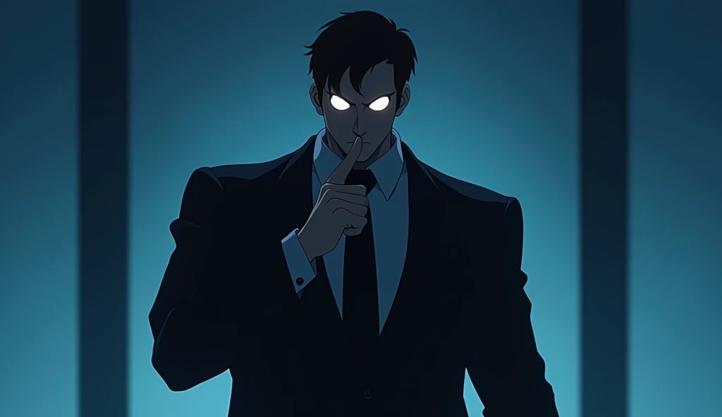 (photorealism:1.2), Create an anime-style image featuring three apps. The 'Blurrr' app is in the center, dressed in a black suit, striking a commanding pose with one finger on its lips, signaling the other two apps to be quiet. The 'CapCut' and 'Alight Motion' apps are shown in one corner, huddled together, appearing nervous and fearful, as if they are cornered. They should be large and prominent in the thumbnail. The faces of the apps should be simple squares or circles to allow for easy logo placement. Use a gradient background to highlight the central figure of the 'Blurrr' app and its intimidating stance."