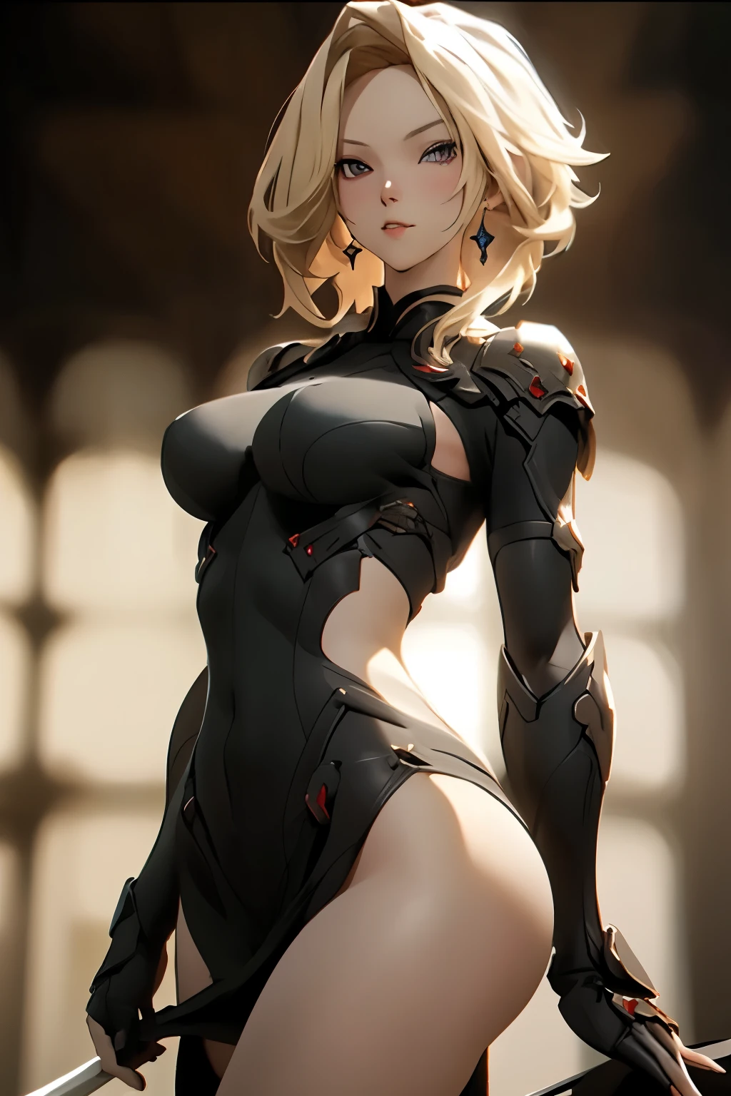 ((best quality)), ((Masterpiece)), (details:1.4), 3d, HDR (high dynamic range), amature woman, Blonde hair, Asymmetrical lob, Red eyes, hips up จมูกโด่ง, ปากแดง, หน้าอกใหญ่, nvidia RTX, PBR surface, After processing, Anisotropic filtration,depth of field, Maximum clarity and clarity, multi-layered surface, Subsurface scattering, perfect proportions, 8K raw files, ความละเอียดสุดยอด, Unreal 5, Perfect proportions, Octane Render, Wide aperture, Low ISO, Holy Knight, Heavy Red armor, jewely, ต่างหู