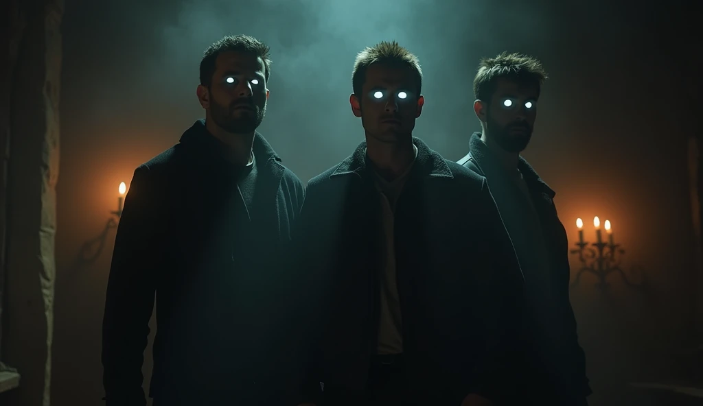 Three men ghost white eye in room in back sholder scenes 