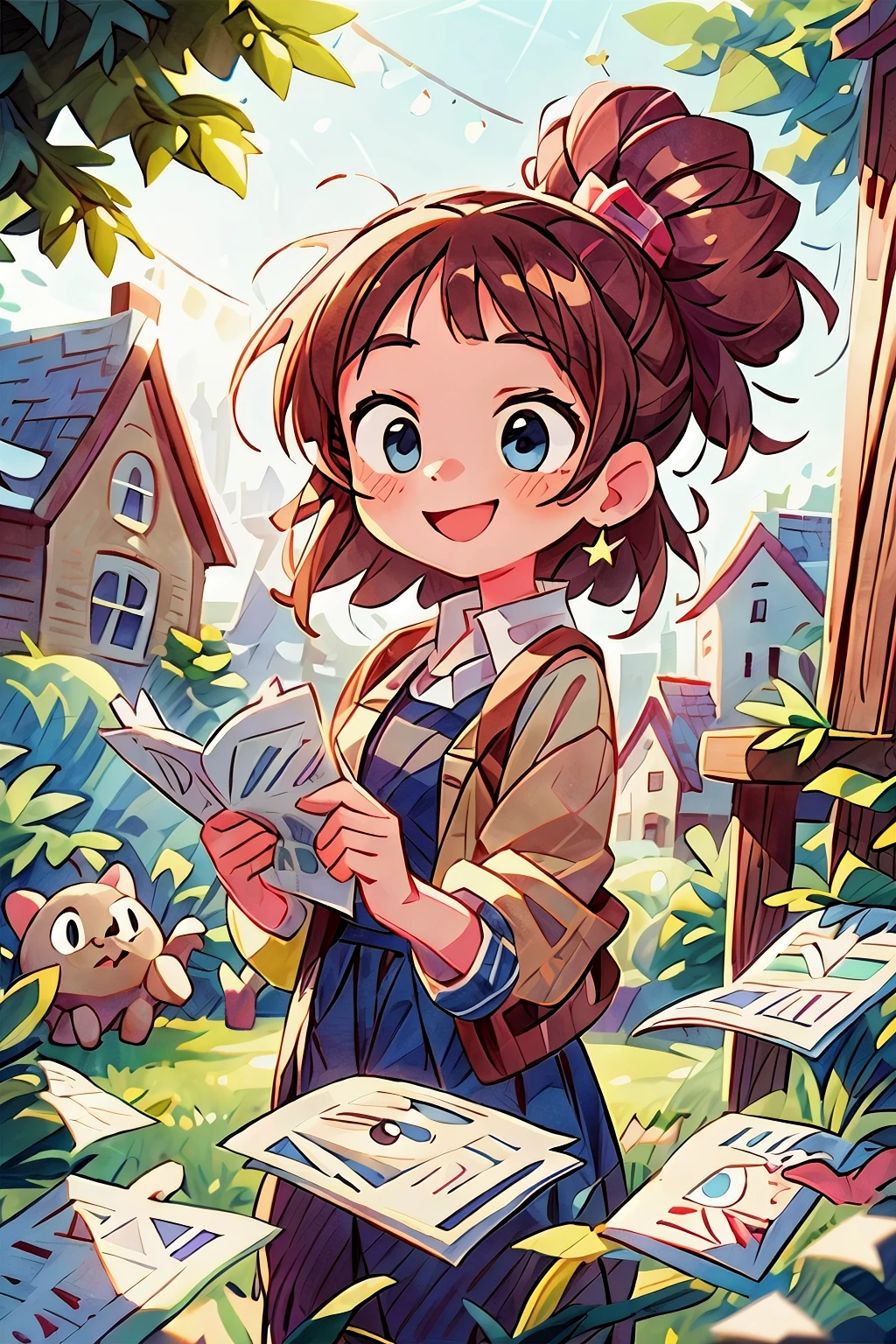 (((masterpiece))),best quality,girl,smile face,outdoor, floating brown hair,shiny blue eyes,town,handing you a paper,