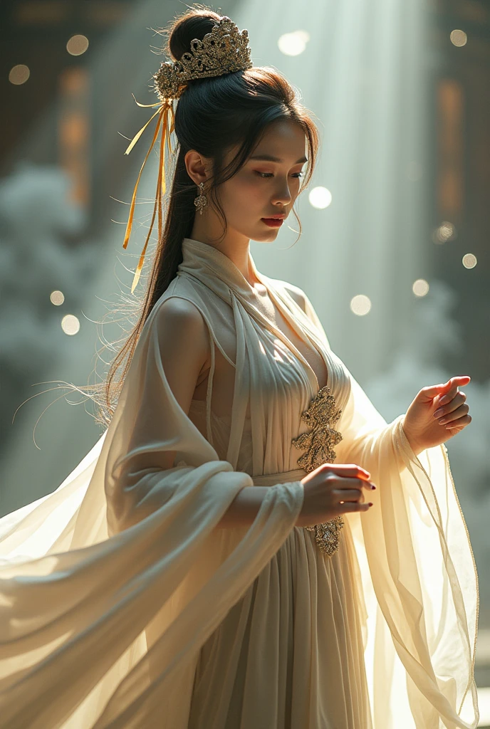 Wearing dreamy Hanfu。Tight,High heel。Breast protrusion。Breasts are larger than the torso。Perfect body,Supermodel。 Leg ring。good facial features。high quality faces。sexy idol girl group。The Ultimate Body。Smooth and delicate skin。Exquisite facial features。prostitute。A true physics engine。woman with smooth skin。energetic woman。Crazy horse show。Sexy hot woman。Immortal Cultivator。hat,Knife crown,Hairpin。Cloak。Model shooting poses。