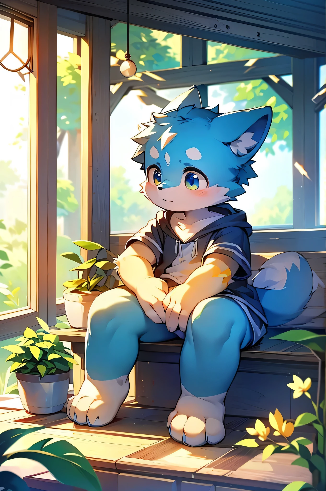 masterpiece, wonderful, single,8k, RAW Photos, Highest Quality, masterpiece:1.2), 1 person, male, Young people, teenager,blue and yellow fur,sit