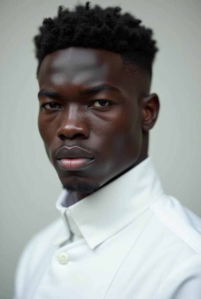(Higher resolution, distinct_image) A man of the best quality, masterpiece, highly detailed, semi realistic, black man with short hair, with central hair, 18 years old, young, tall and strong, pure white clothes, white uniforms, military uniforms, military academy, undisciplined, unrestrained, handsome, authoritarian, powerful aura, Satan, angel, fine facial features, facial details,