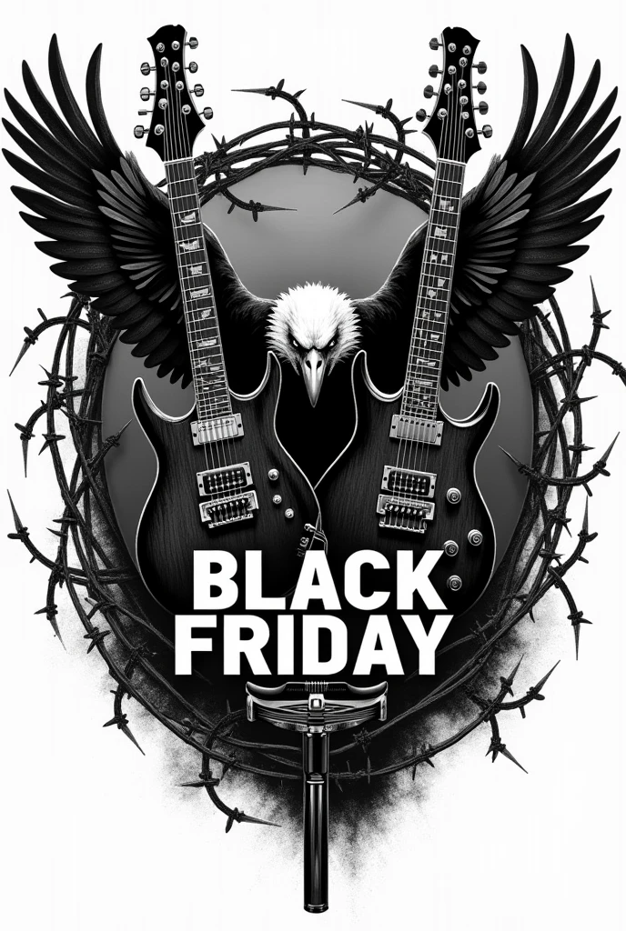 Rock band t-shirt logo, piano, drums, cymbals, keyboard, barbed wire wrapped around three guitars, eagle, gun, war background, all instruments together. BLACK FRIDAY under the eagle. Black and white.