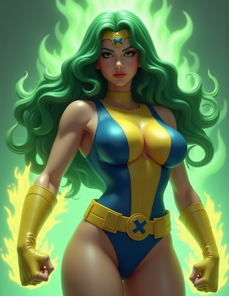 Susan Storm from the fantastic four with green hair and green skin, slutty, busty, beautiful large breasts, by Louis Royo, Boris Vallejo, Frank Frazetta, extreme focus, sharp details, sexy, oily skin, sexy, naughty, dynamic pose, (((green skin))), (((green hair)))