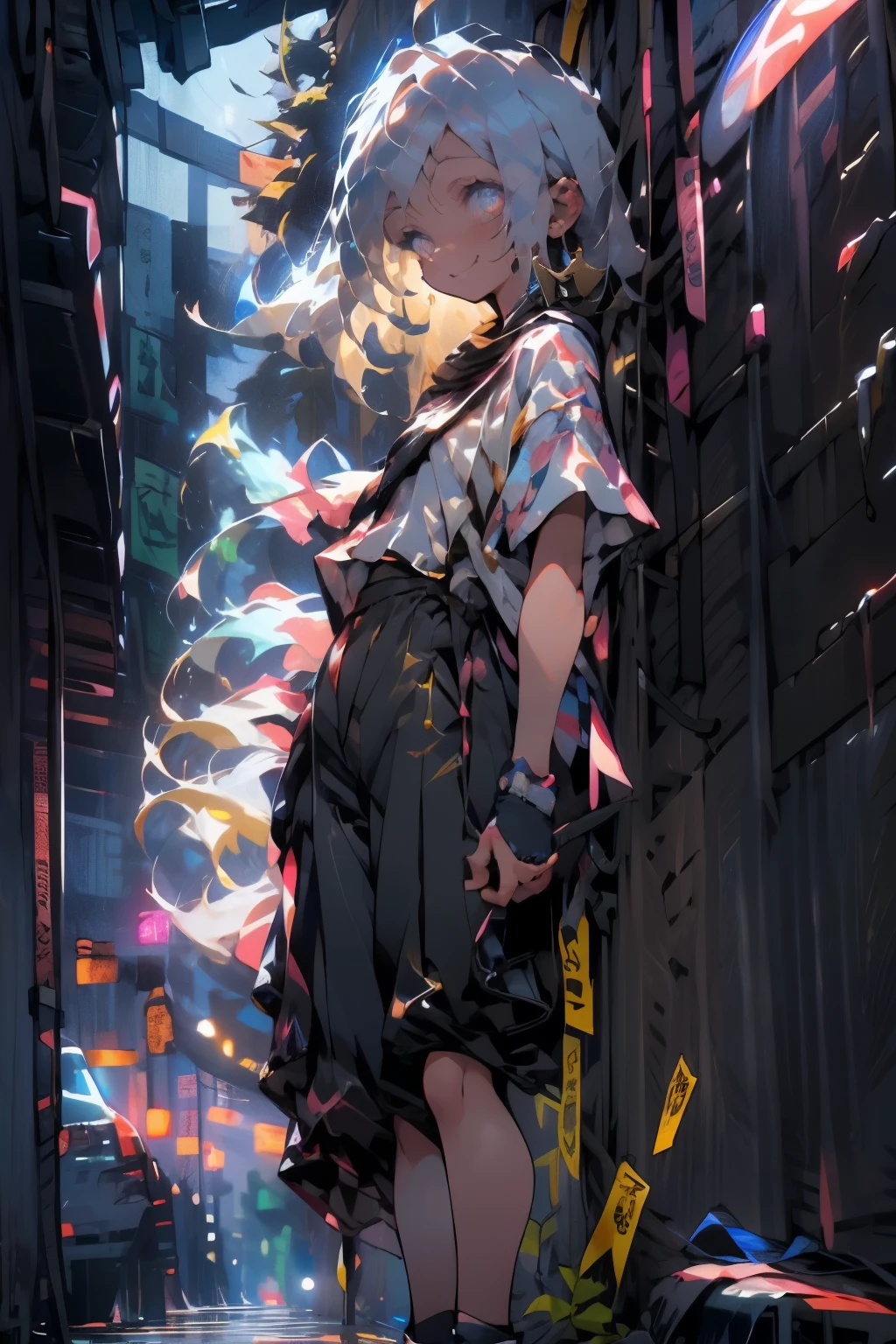 masterpiece, best quality, cute, kawaii, 1 girl,small kid,solo,silver brite hair,golden brite shining eyes,smile face,colorless,outside,standing in the middle of street,noisy town,midnight, many streetlight,wearing skiny pants and shirts, skin color dark brown