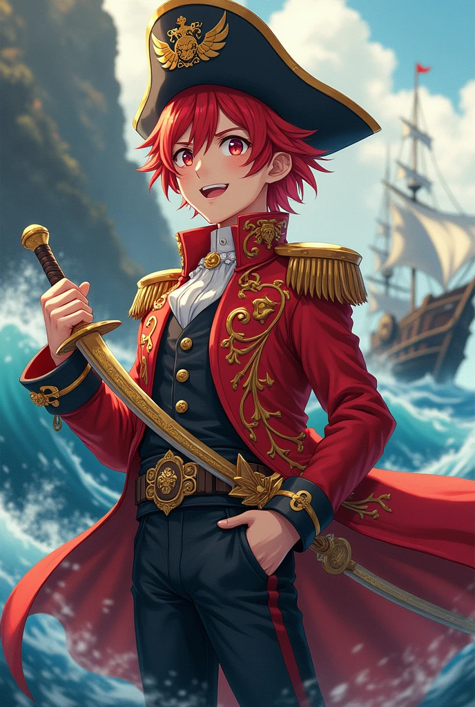 Anime boy , pirate king, 1 boy , red short hair , handsome , red milatary coat , gold sword , happy , owl symbol crest hat , slim body , mordern ship , mordern clothes, ultra detail ,no repeat item , rough nature , anime face and image