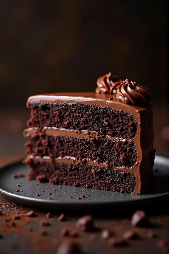 cinematic film still chocolate, chocolate cake, dark background, quality photo, moist texture, frosting, studio photo, slice . shallow depth of field, vignette, highly detailed, high budget, bokeh, cinemascope, moody, epic, gorgeous, film grain, grainy
