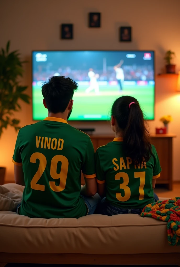 BF GF  watching  Pakistan cricket on tv
Boy that having Pakistani Shirt written Vinod behind and girl have worn shirt written Sapna
