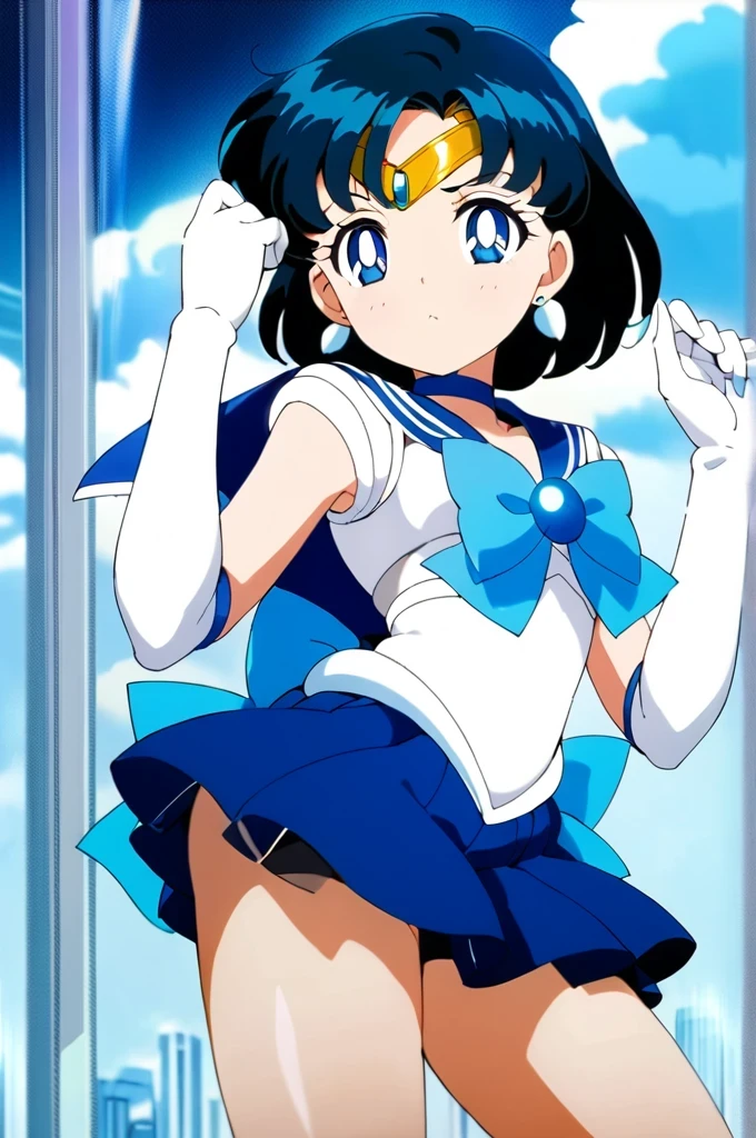 score_9, score_8_up, score_7_up, score_6_up, score_5_up, score_4_up, source_anime,
(masterpiece:1.3),(highest quality:1.4),(Super detailed:1.5),8k,High resolution,an extremely delicate and beautiful,Official Art,Perfect Anatomy,(anime_screencap:1.11),(90s anime,90s anime style,Cel-shaded anime:1.47),anime coloring,(1girl:1.5), 
((aamercury:1.52)), short hair, blue hair, tiara, earrings, blue eyes, blue choker, blue sailor collar, blue bowtie, white shirt, elbow gloves, white gloves, pleated skirt, blue skirt, bare legs,((:1.52)),