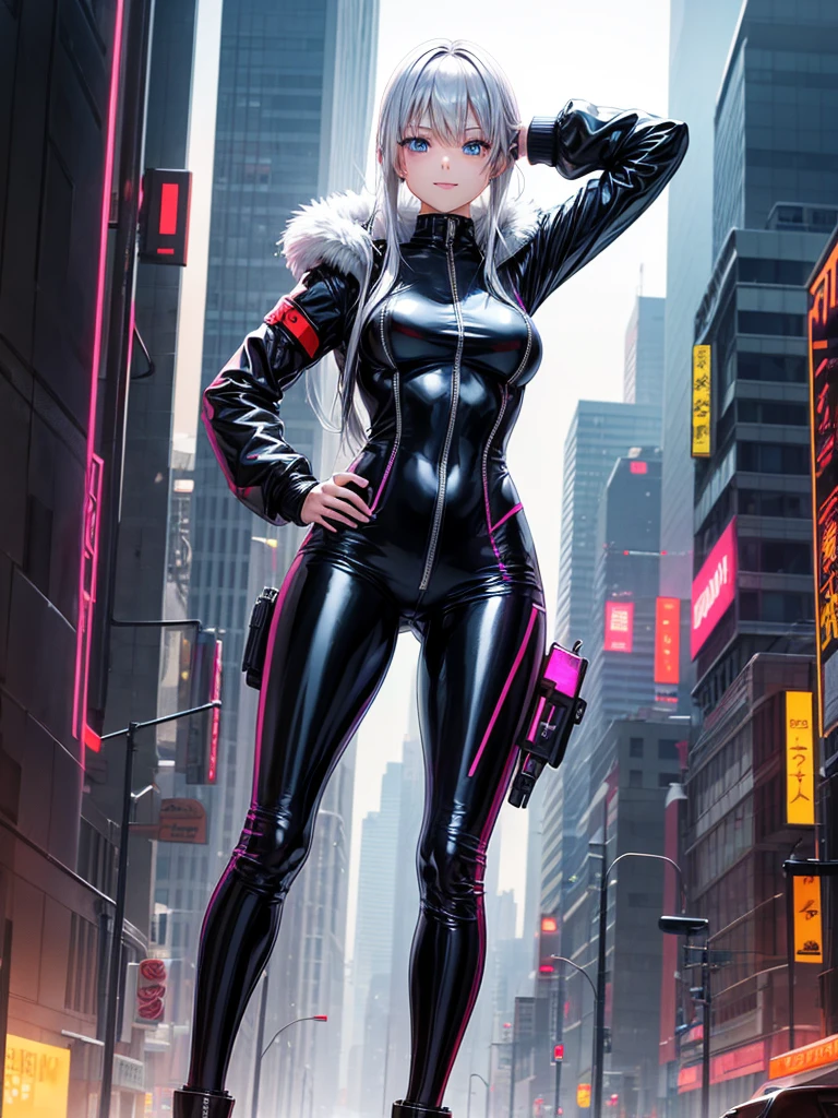 Best Quality，8k，middle School girls，Colorful latex suit，Bodysuits，smile，robotに乗る戦闘員，I'm grating my bangs，ＳＦ，Straight Hair，fur jacket，Hands in pockets，Leather pants，perfectionにまっすぐな髪型，Smooth hair，Silver Hair，beautiful girl，blue eyes，Standing posture，Cyberpunk Girl，Naughty・モデル，Absurd，Wearing，robot，I&#39;m horny，Naughty，masterpiece，perfection，smile，Long Hair，