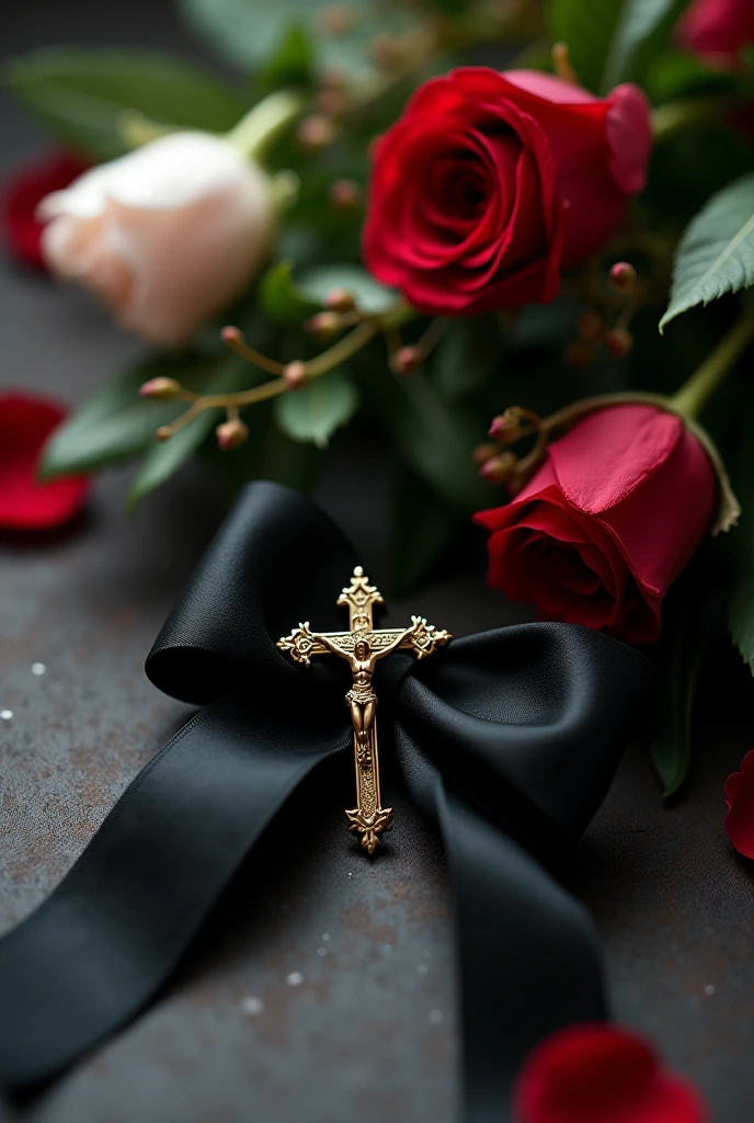 Hello, can you help me create a hyperrealistic photo of a macro close-up of a black silk bow, next to a floral arrangement and a crucifix, it is a sign of mourning for a funeral, photorealistic, UHD, 16K, thanks