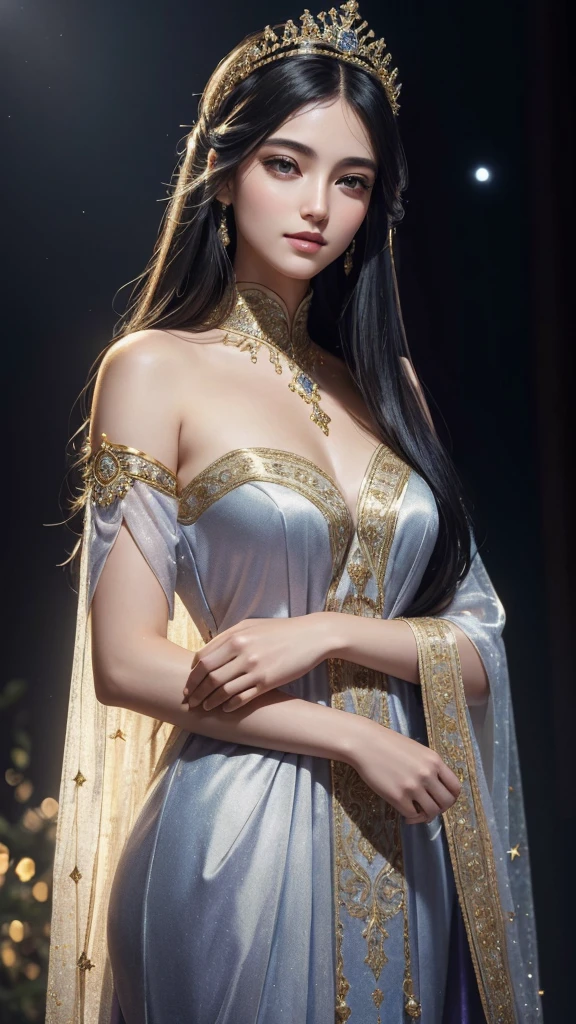 A serene and ethereal goddess with long, flowing black hair that shines like silk under the moonlight, beautiful detailed eyes, beautiful detailed lips, extremely detailed eyes and face, long eyelashes, an aura of purity and grace, embodying a sense of quiet elegance, dressed in a well-fitted, structured dress that fully conceals her upper body, including her shoulders, emphasizing her regal and composed demeanor, the dress is simple yet sophisticated, reflecting her modesty and inner strength, a delicate crown made of intertwined gold and silver, adorned with small, glowing gems that resemble stars, facing directly forward, a gentle and warm smile, a tranquil, twilight landscape with soft hues of blue and purple, (best quality,4k,8k,highres,masterpiece:1.2),ultra-detailed,(realistic,photorealistic,photo-realistic:1.37),HDR,UHD,studio lighting,ultra-fine painting,sharp focus,physically-based rendering,extreme detail description,professional,vivid colors,bokeh,portraits