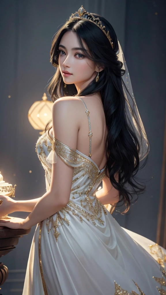 A serene and ethereal goddess with long, flowing black hair that shines like silk under the moonlight, beautiful detailed eyes, beautiful detailed lips, extremely detailed eyes and face, long eyelashes, an aura of purity and grace, embodying a sense of quiet elegance, dressed in a well-fitted, structured dress that fully conceals her upper body, including her shoulders, emphasizing her regal and composed demeanor, the dress is simple yet sophisticated, reflecting her modesty and inner strength, a delicate crown made of intertwined gold and silver, adorned with small, glowing gems that resemble stars, facing directly forward, a gentle and warm smile, a tranquil, twilight landscape with soft hues of blue and purple, (best quality,4k,8k,highres,masterpiece:1.2),ultra-detailed,(realistic,photorealistic,photo-realistic:1.37),HDR,UHD,studio lighting,ultra-fine painting,sharp focus,physically-based rendering,extreme detail description,professional,vivid colors,bokeh,portraits