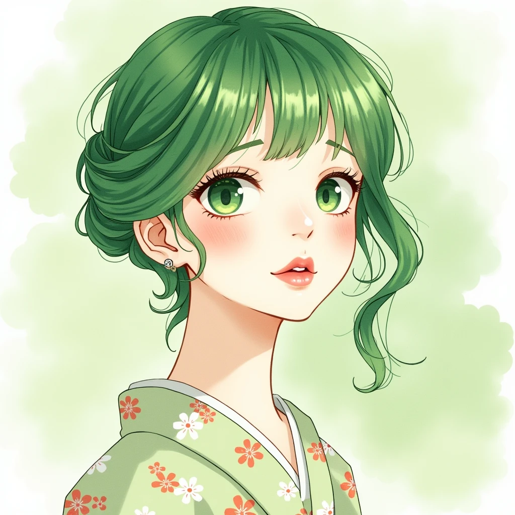 Lily　Hair green gradient　Watercolor style　Japanese women　An illustration