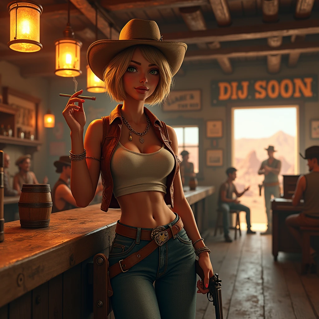 Short-haired cowgirl in a saloon in the Old West,rubio,Session,smoking,mesa Wisky,Piano,6-bullet revolver,Barrel,mesa,Playing cards,dust,artwork,3D,4k,detailed,Realista by Brian Bolland