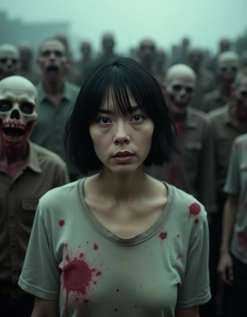 score_9, score_8_up, score_7_up, photo, woman, middle-aged, black hair, short haircut, scared, torn t-shirt, dirty t-shirt, standing in a crowd of zombies, (against the background of a crowd of zombies), looking at the viewer, post-apocalypse, zombies, gloomy photo