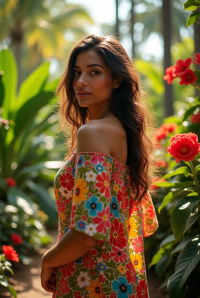 A Brazilian woman in a lush tropical garden, wearing an open shirt with a floral print, with a close-up capturing the harmonious beauty between her large breasts and the natural flowers, showing off your natural charm and outgoing personality.