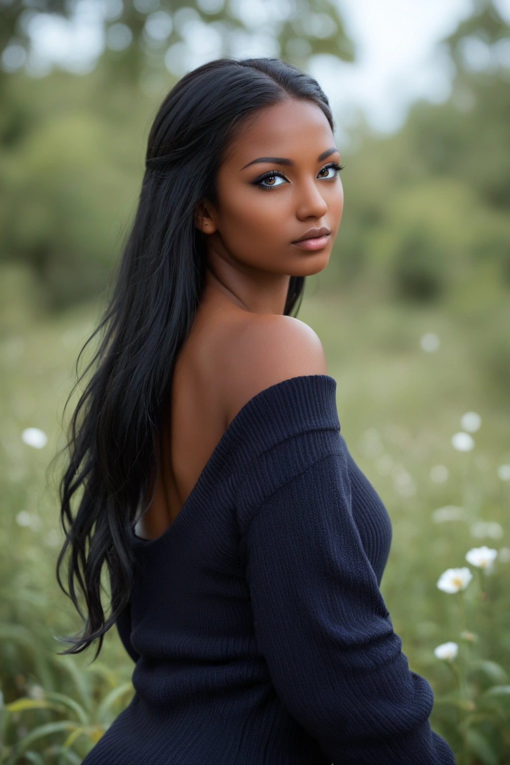 Upper body shot, ((beautiful black woman with flawless dark skin)), long hair with blue gradient shine, clearly defined facial features, big detailed eyes, ((( wearing an off the shoulder sweater))) bright flowers in the background, masterpiece, best high quality image,96k, HD, depth of field, 1080P wallpaper, Stand out, Character focus, high quality, incredibly detailed, UHD image quality in the style of Diego Gravinese
