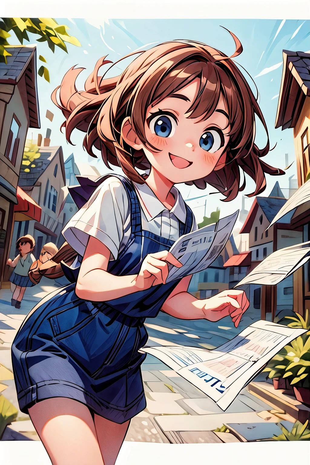 (((masterpiece))),best quality,girl,smile face,outdoor, floating brown hair,blue eyes,town,handing you a paper,