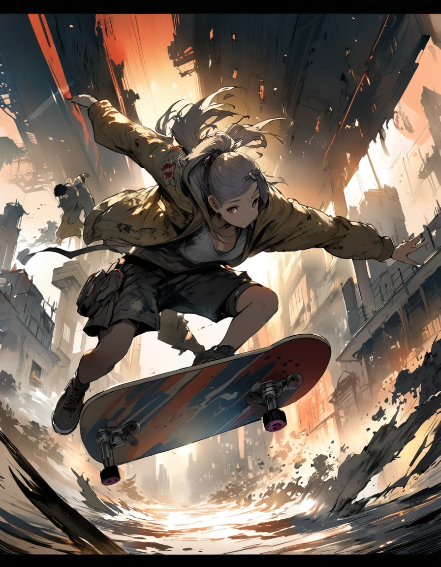 (((Yoji Shinkawa))), sticker of ultra detailed portrait of Noelle Silva skateboarding, high quality cell shaded illustration in post apocalyptic style by Yoji Shinkawa, full body, dynamic pose, perfect anatomy, centered, freedom, soul, approach to perfection, cell shading, 8k , cinematic dramatic atmosphere, watercolor painting, global illumination, detailed and intricate environment, artstation, concept art, fluid and sharp focus, volumetric lighting, cinematic lighting, Art by Yoji Shinkawa
