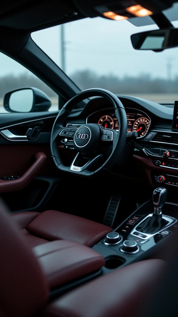 Je voudrais une photo prise depuis le siège passager d'une Audi, montrant une vue détaillée du volant et du levier de vitesse comme si j’étais à l’intérieur de cette voiture.
Il faut vraiment que la photo soit réaliste, comme si c’était quelqu’un qui l’avait pris en photo. Il faut savoir aussi que le ciel est gris gris et non bleu parce qu’il fait pas très beau aujourd’hui.