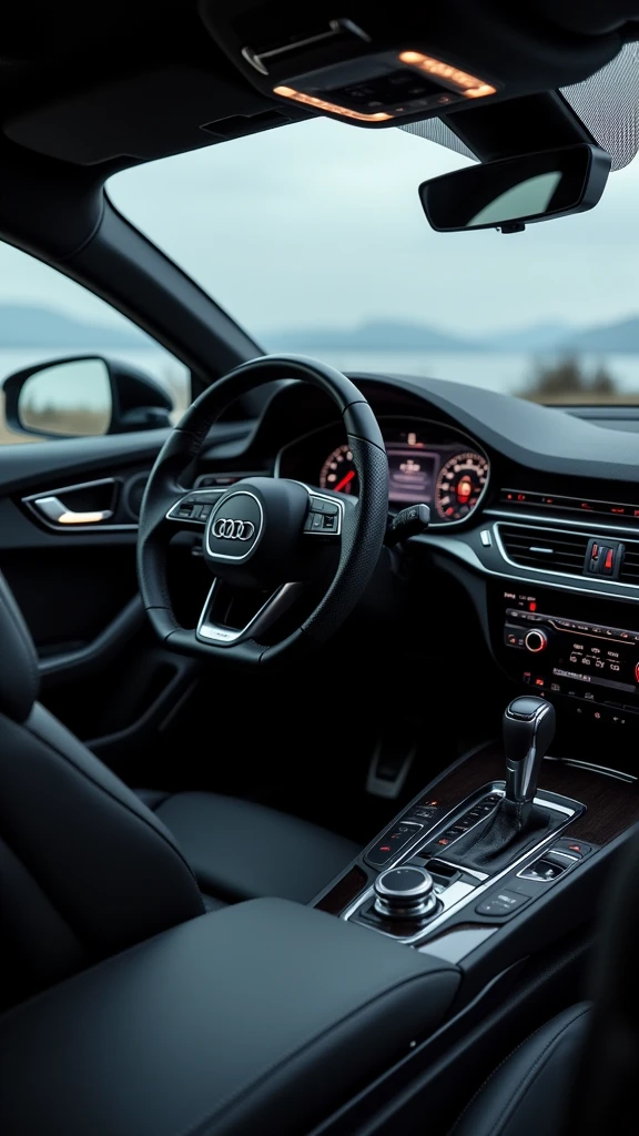 Je voudrais une photo prise depuis le siège passager d'une Audi, montrant une vue détaillée du volant et du levier de vitesse comme si j’étais à l’intérieur de cette voiture.
Il faut vraiment que la photo soit réaliste, comme si c’était quelqu’un qui l’avait pris en photo. Il faut savoir aussi que le ciel est gris gris et non bleu parce qu’il fait pas très beau aujourd’hui.